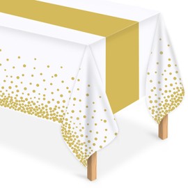 MOKANI Paper Table Cloths Disposable, 4 Pack Party Table Cover, White and Gold Dot Confetti Rectangular Table Cloths for Parties, Picnic, Christmas, Birthday Baby Shower Decorations 54" x 108"