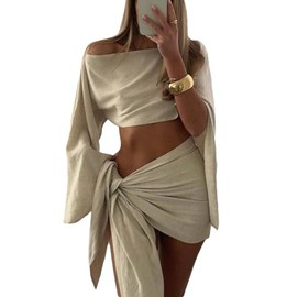 Wuitrie Two Piece Skirt Set for Women Irregular One Shoulder Crop Top Low Waist Tie Mini Skirt Summer Seaside Vacation Set