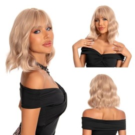 Pelucas para Mujer de Pelo Corto ondulado con Flequillo(12’’/30cm, Oro)