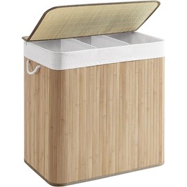 SONGMICS Laundry Hamper, 39.6 Gallons (150L), 3-Section Laundry Basket, Laundry Hamper with Lid, Bamboo, Foldable, Removable and Machine Washable Liner, for Laundry Room, Bedroom, Natural ULCB091N01