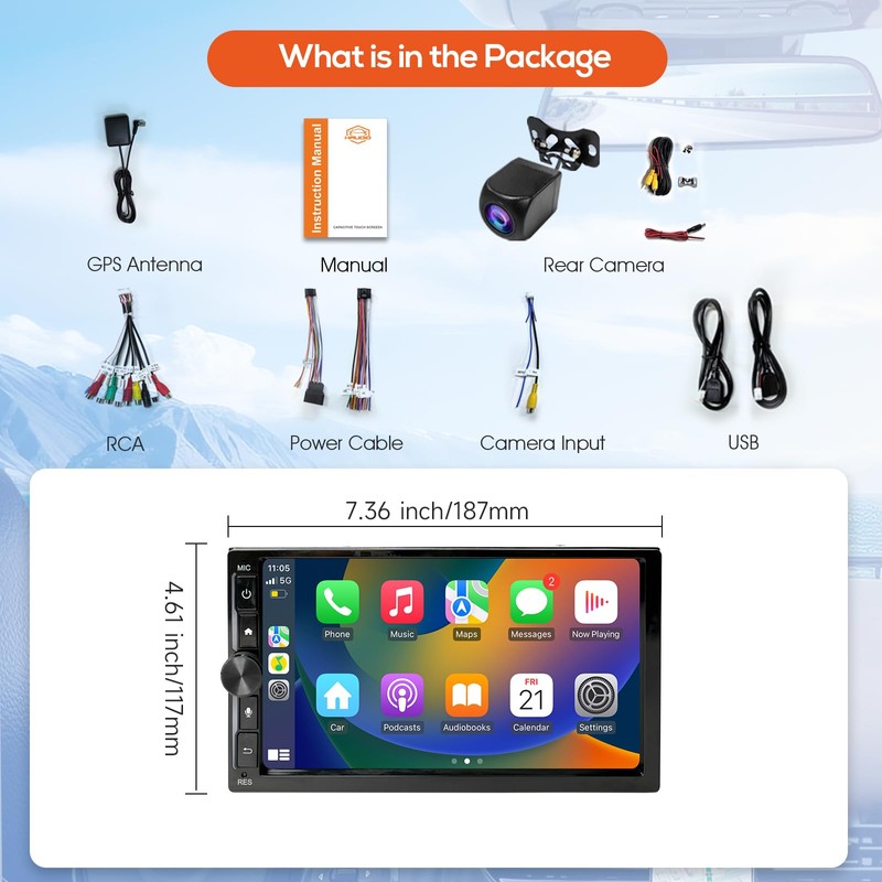 Haudio 7" Double Din Car Stereo with Wireless Apple CarPlay/Android