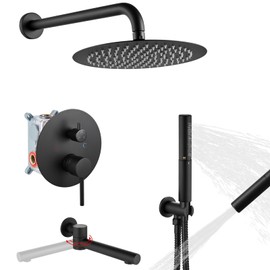 Airuida Shower System with Tub Spout 3-Function Tub Shower Faucet Set Round Rainfall Tub and Shower Faucet Combo with Rough-in Valve 2 Functions Handheld Spray 10 Inch Shower Head Matte Black