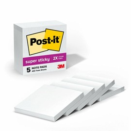 Post-it Notas Súper Adhesivas, Doble poder de adhesión, Color Blanco, 7.6cm x 7.6 cm, 5 pads, 90 hojas por pad