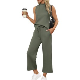 SAMPEEL Women's 2 Piece Set Casual Summer Cozy Sleeveless Wide Leg Pants Jumpsuits Matching Sets Women Clothing Lounge Sweat Set Travel Airport Outfits Green S