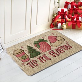 GAGEC Pink Christmas Doormat - 'Tis The Season Entrance Rug, Winter Decor for Home Kitchen Floor Front Door, 17 x 27 Inch