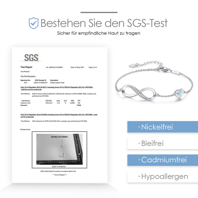 Women's Infinity Bracelet, 925 Sterling Silver/Rose Gold, Heart Bracelet, Crystals,