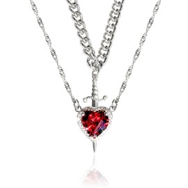 BYETOCE Heart and Sword Couples Necklace Silver Stainless Steel Red Heart Zirconia Chain Trendy Matching Sword Through Heart Necklace Set Romantic Necklaces for friend Couple