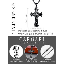 Cargari St Benedict Crucifix Pendant, 925 Sterling Silver Saint Benedict Necklace Jesus Crucifix Pendant Patron Amulet Necklace Talisman Protection Jewelry Gifts Catholic Cross Necklace(Black)