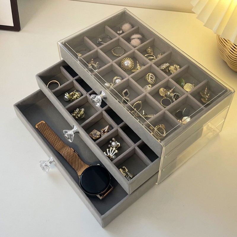 3 Tiers Jewelry Organizer Box Transparent Acrylic Velvet Lined Multi