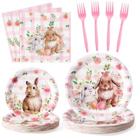 Z1juce Easter Themed Party Plates - 96PCS Easter Party Supplies Tableware Pink Buffalo Plaid Bunny Plates Napkins Forks Disposable Set Serve 24 Guests Dinnerware for Holiday Party Table Decorations
