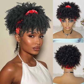 DEYNGS Black Afro Headband Wig Kinky Curly Headband Wig with Bangs Short Curly Headbands Wigs for Black Women Afro High Puff with Bangs Synthetic Half Wigs