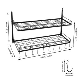 ZAWAYINE Hanging Pot Rack 2 Tier Pan Rack Wall Mounted Pot and Pan Organizer Wall Mounted Pots Holder Kitchen Storage Shelf with 10 Hooks for Pans Set Utensils Cookware Household