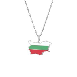 LUTAKU Bulgaria Map and Flag Necklace for Women Men, Bulgarian Necklace Pendant Charm, Stainless Steel Map Jewelry Accessories (silver)