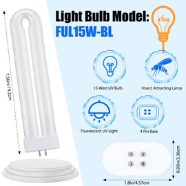 Bug Lights Bulbs for Outside Replacement Zapper Light Bulbs Insect Attracting Lamp with 4-pin Base, Ful15w Bl U Shaped Twin Tube Fluorescent UV Bulb for Outside 7.56 x 1.80 x 0.93 Inch(White,2 Pieces)