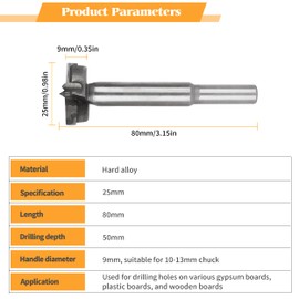 YIDOFENG Carbide Forstner Bit, 25mm Forstner Drill Bit for Woodworking, Made of Alloy Steel, Forstner Bits for Hardwood, Softwood, Plastic, Suitable for a Wide Range of Drill