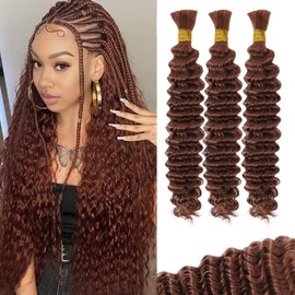 Brown Human Braiding Hair for Boho Braids 100g 3 Bundles/Pack 16 Inch Curly Boho Hair for Braiding Knotless 12A Deep Wave Bulk Bohemian Color 30