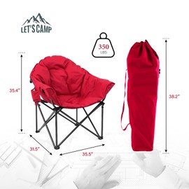 LET'S CAMP Heavy-Duty Oversize Camping Chair Round Moon Saucer Chair Padded with Cup Holder and Carry Bag Folding Chair,2 Pack,Red