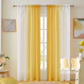 Ombre Faux Linen Sheer Curtains for Bedroom Living Room Rod Pocket, Privacy and Light Filtering, 2 Tone Reversible Gradient Voile Semi Window Curtains, Set of 2 Panels, Yellow, 54 x 96 Inch Length