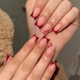Heart French Tip Press on Nails Short Square Valentine's Day Fake Nails Glossy Almond False Nails Fashion Simple Reusable Full Cover Stick on Nails Acrylic Artificial Nails for Women Nails Decoration