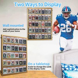 Wooden Sports Card Display Case, Lockable Plexiglas Frame with UV Protection for 35 Graded Baseball, Football, and Basketball Trading Cards, Wall Display Holder for Collectors, Gold