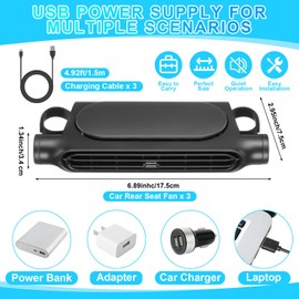 Tujoe 3 Pack Car Mounted Seat Back Cooling Fan USB Powered with Elastic Belt for Front and Back, 3 Wind Settings, Space Saving for Vehicle, Van, RV, Truck, SUV, Sedans