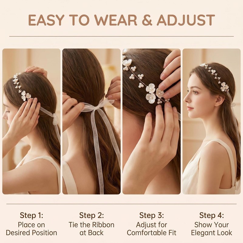 2 Pcs White Flowers Pearls Bridal Headband for Wedding