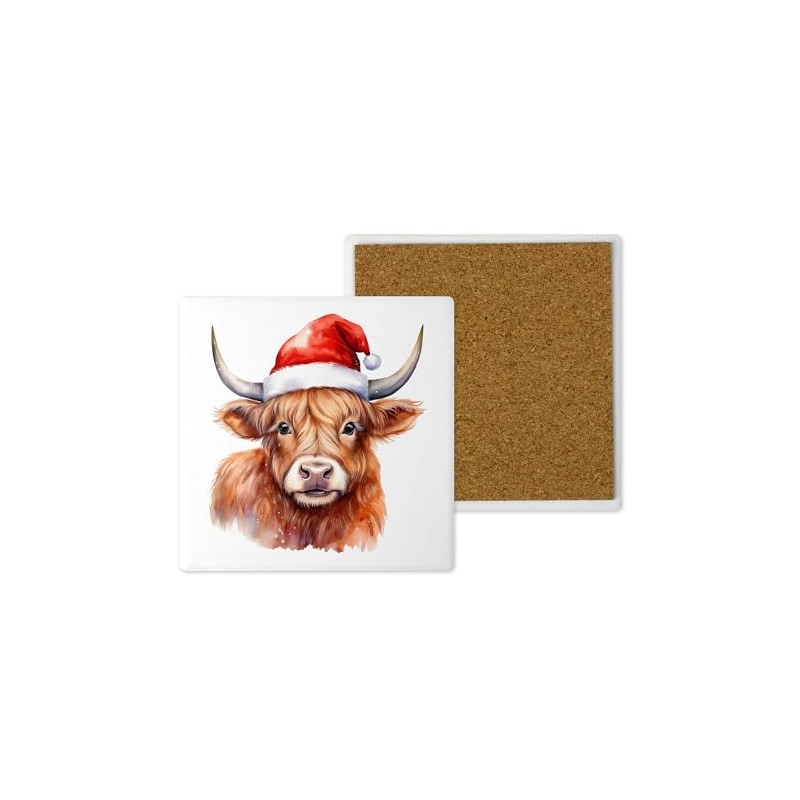Festive Highland Cow Ceramic Coaster – 10cm x 10cm Handprinted
