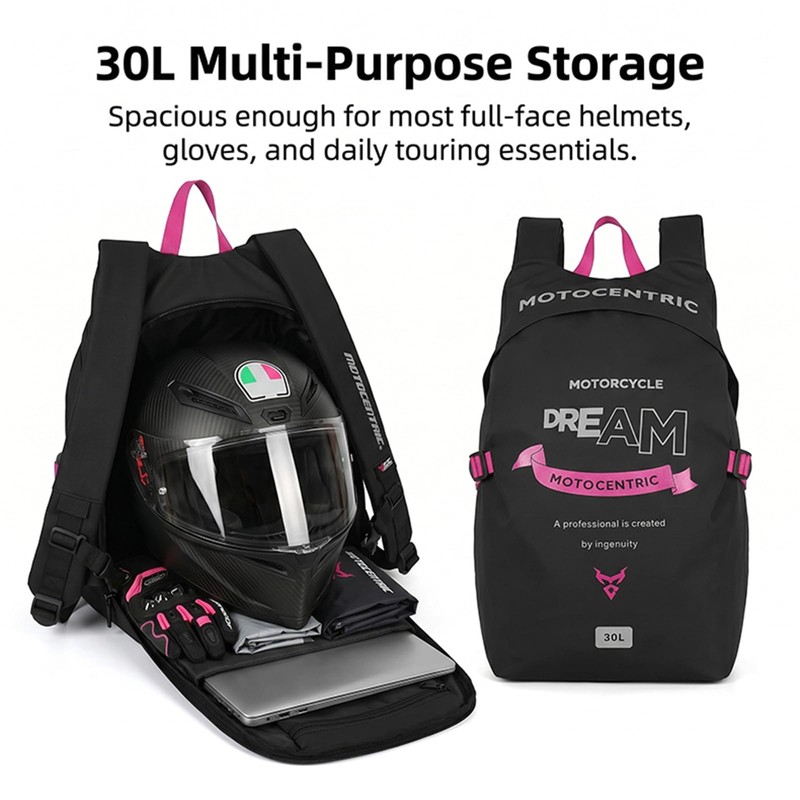 Waterproof Motorcycle Backpack, 30L Helmet Bag with Laptop Pocket, Gray