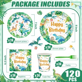 120pcs Dinosaur Plates Napkins Watercolor Dino Birthday Party Supplies Paper Cups Green Forks Disposable Tableware Set for Dinosaur Theme Boys Birthday Party Supplies Serves 24 Guest