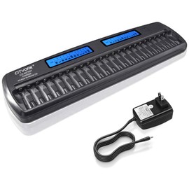 CITYORK 24 Bays AA AAA Large Smart Battery Charger LCD Display for 1.2V AA/AAA NiMH/NiCd Rechargeable Batteries Built-in IC Protection with Car Charger&AC Wall Adapter