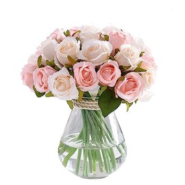 Ramo de 24 cabezas de flores de rosa artificiales de seda con tallos para decoración del hogar, novia, boda, fiesta, festival (color rosa) (excluyendo jarrones)