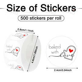 Fssqii Baked with Love Stickers 500pcs Round Adhesive Labels Circle Sealing for Bakery Bags Label Homemade Tags Baked Packaging Cookie Mason Jar Seal Tags Containers DIY Roll Stickers (White)
