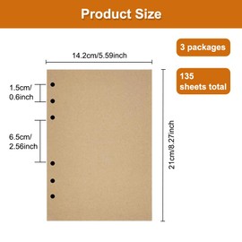 Pack of 3 Refill Paper A5 Refillable, 135 Sheets A5 Refill Paper, Kraft Paper Refill Ring Binder Inserts, Refill Inserts, 6 Holes, Refillable Refill Paper, for Diary, Sketching, Painting