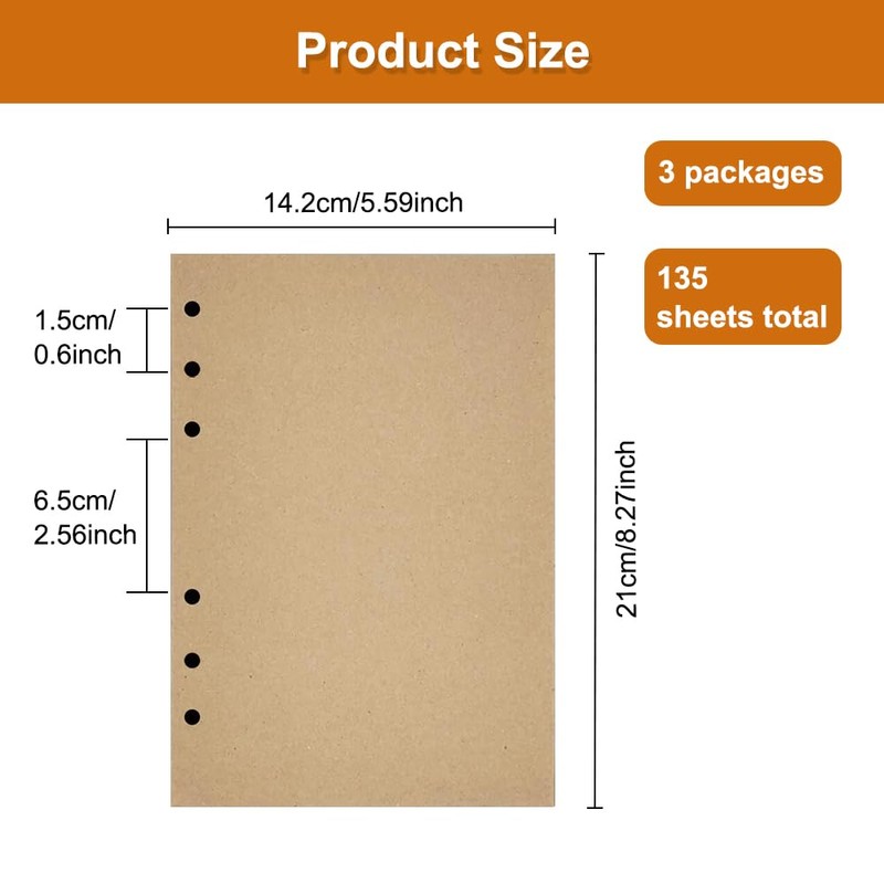 Pack of 3 Refill Paper A5 Refillable, 135 Sheets A5