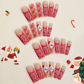 IMSOHOT Christmas Press on Nails Square Long Matte Fake Nails Red French Tips False Nails with Santa Claus Designs Glue on Nails Full Cover Nude Acrylic Nails for Women 24Pcs