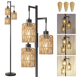 Oneach 68" Floor Lamps for Living Room, Stepless Dimmable Boho Floor Lamp with 3 Bulbs, Tall Farmhouse Industrial Corner Standing Tree Lamp for Bedroom, Office, Study Room, Dining Room, Black