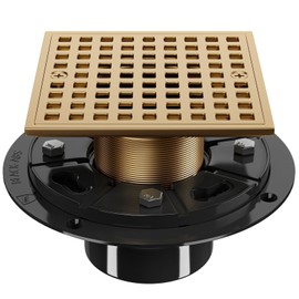 4 Inch Champagne Bronze Shower Drain- Square Shower Floor Drain Kit with ABS Flange-Removable Grid Strainer Cover - SUS304 Stainless Steel Floor Drain Kit