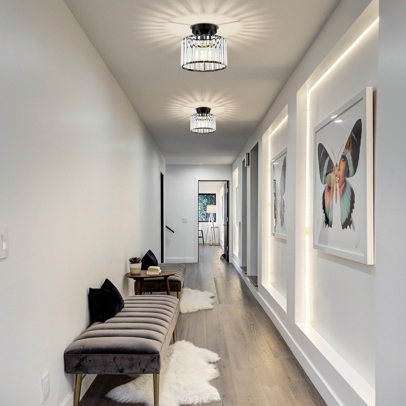 VIOLOEMI Crystal Black Semi Flush Mount Ceiling Light Modern Hallway