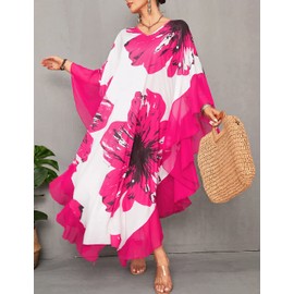Eddoyee Kaftan Dresses for Women Chiffon Print Caftan Swimwear Cover Ups Plus Size Long Beach Coverup Rose Red