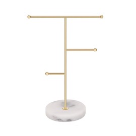 Jewelry Organizer,Metal T-Bar Necklace Display Stand Earrings Holder for Home, Hanging Pendant Rack with Marble Pattern Round Tray for Bracelets Rings Watches (A-Gold)