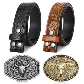 SANSTHS Western Belts for Men Women 2 Pack, Cowgirl Cowboy Belt Leather Straps with Buckle Set for Jeans, Long Horn Bull Black and Brown