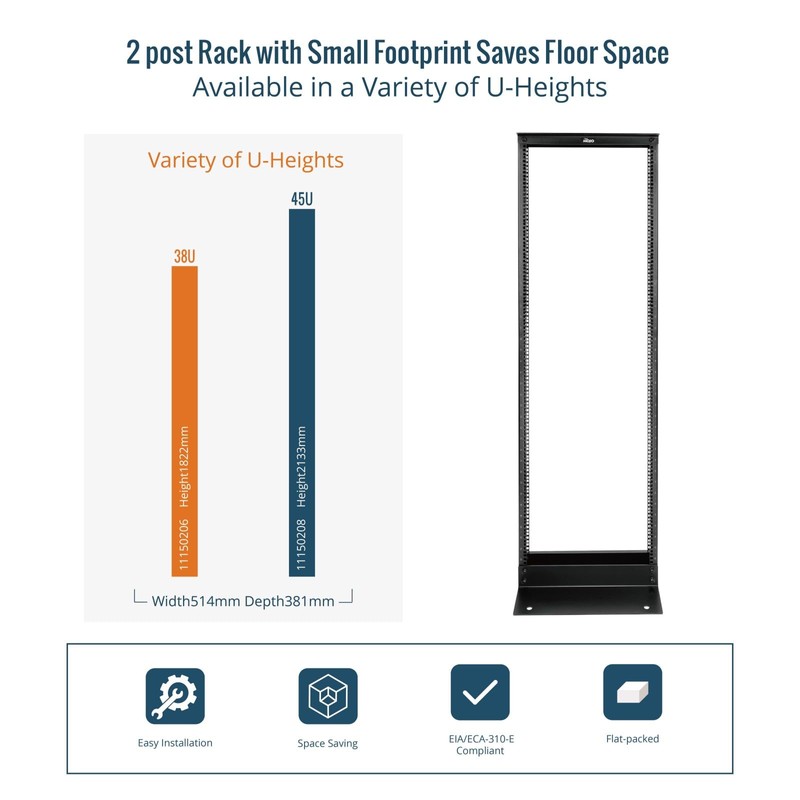 Tecmojo 38U 2-Post Open Frame Server Rack– 19" Network, Server,