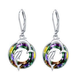 Dolphin Crystal Earrings, S925 Sterling Silver Double Dolphin Earrings for Ocean Sea Animal Lovers for Women Girls, Sterling Silver, Created Cubic Zirconia