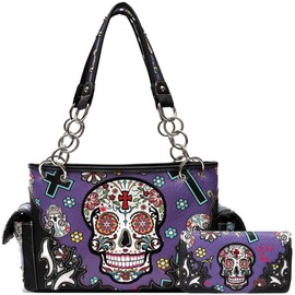 Sugar Skull Rose Flower Day of the Dead Concealed Carry Purse Totes Women Handbag Shoulder Bag Wallet Set (#3 Purple Set)