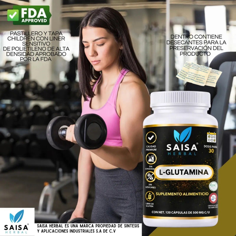 Glutamina 100 Pura 120 Cáps Saisa Herbal Suplemento Natural Apoyo