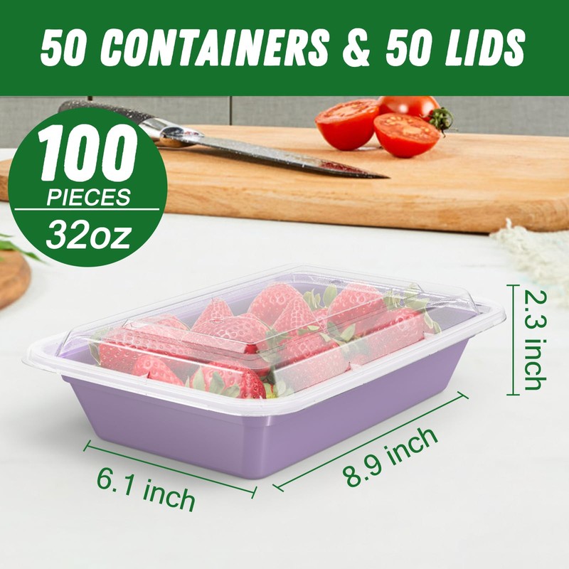 50 Pack (100-Piece) 32 oz Meal Prep Containers Reusable with