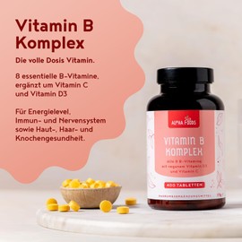 Vitamin B Complex | 400 Highly Effective Vegan Tablets (1 Year + Stock) | All 8 B Vitamins B1-B2-B5-B6-B12, Biotin, Folic Acid, Vit C & D3 | Energy Boost & Immune Support | Alpha Foods