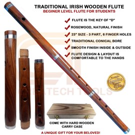 Traditional Irish Wooden "D" Flute with Hard Wood Case - Rosewood, 3-Part, 23" long