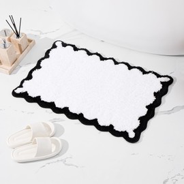 ORTIGIA Small Cute Scalloped Bath Mat, White and Black Plush Microfiber Scallop Bathroom Rugs Non Slip Washable Quick Dry Absorbent, Bathmat for Shower Stall Vanities Kitchen Floor Entrance, 17x24