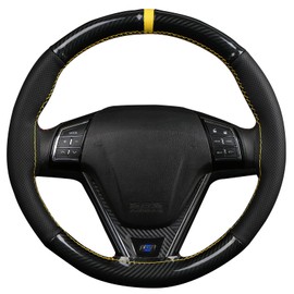 Universal Stitch On Steering Wheel Cover Bright Carbon Fiber and Microfiber Leather Wheel Wrap, 4-Panel Design, Fit for Most Cars,Yellow